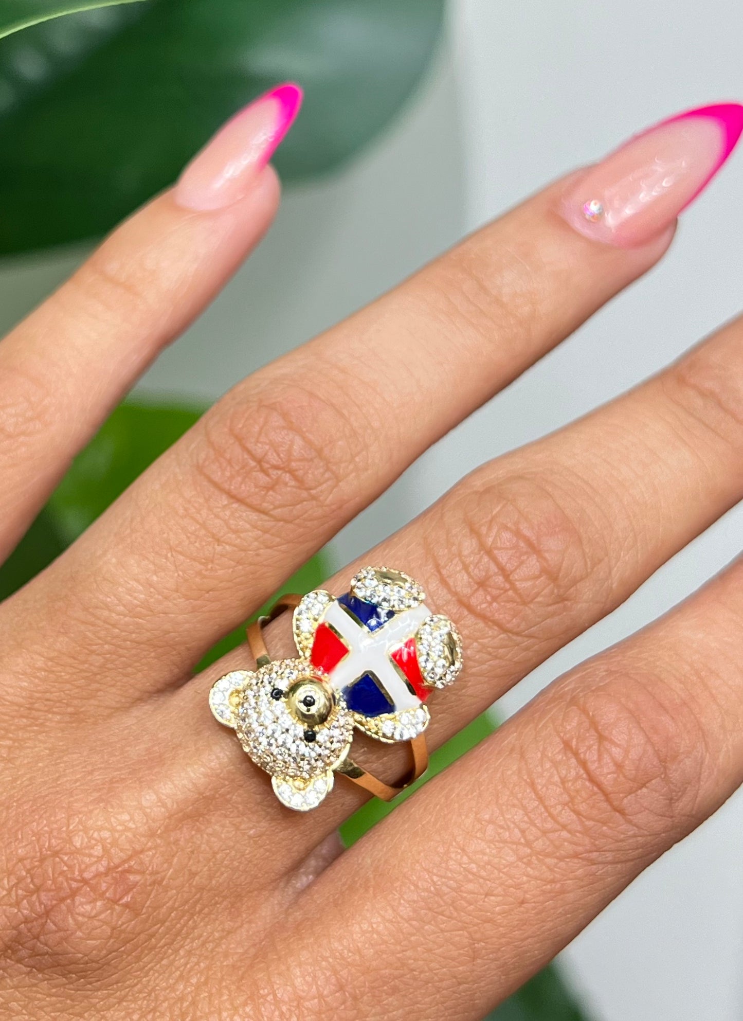 0080- NEW 14K Dominican Flag Teddy Bear Ring W.G