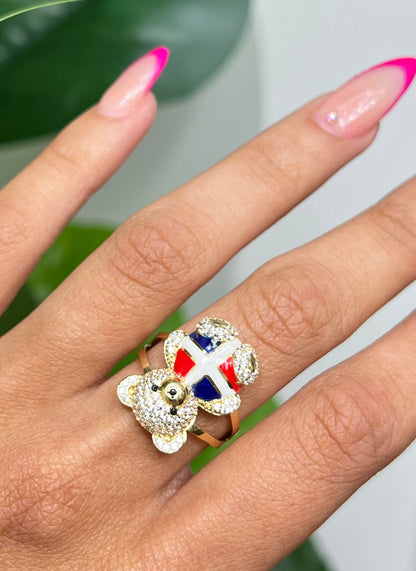 0080- NEW 14K Dominican Flag Teddy Bear Ring W.G
