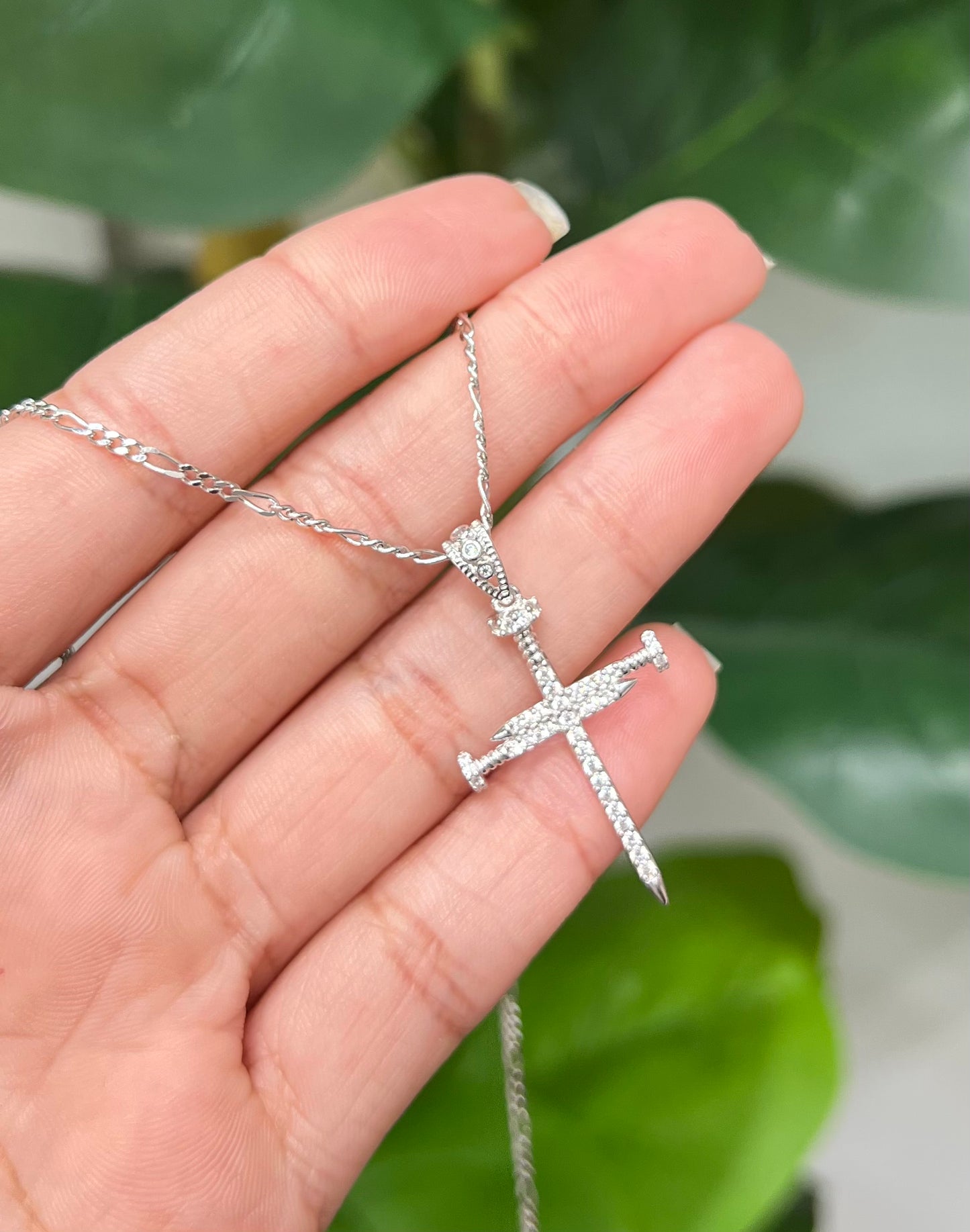 S392- NEW .925 Sterling Silver Nail Cross CZ Pendant W.G