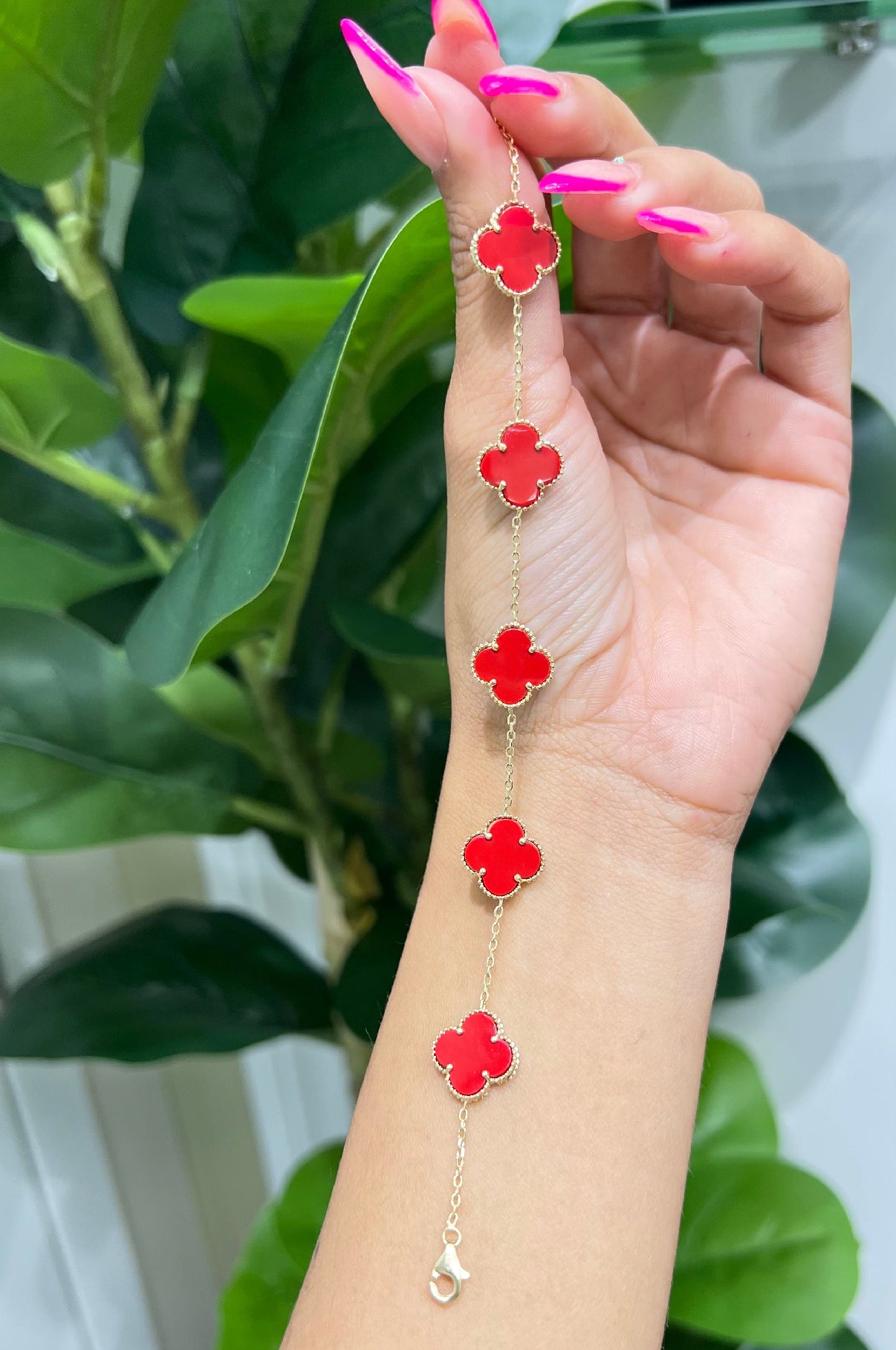 1340- NEW 14K Red Trebol Bracelet 8” (11.7mm) & Red Trebol Earrings SET