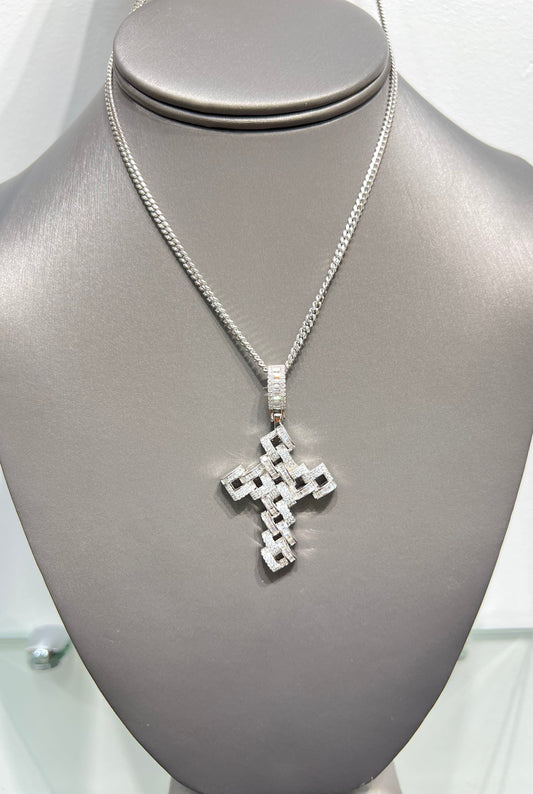 S408-NEW .925 Sterling Silver CZ Link Cross Pendant W.G