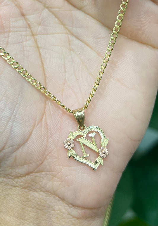 0047- NEW 14K Letter “N” Heart Shape Pendant W.G