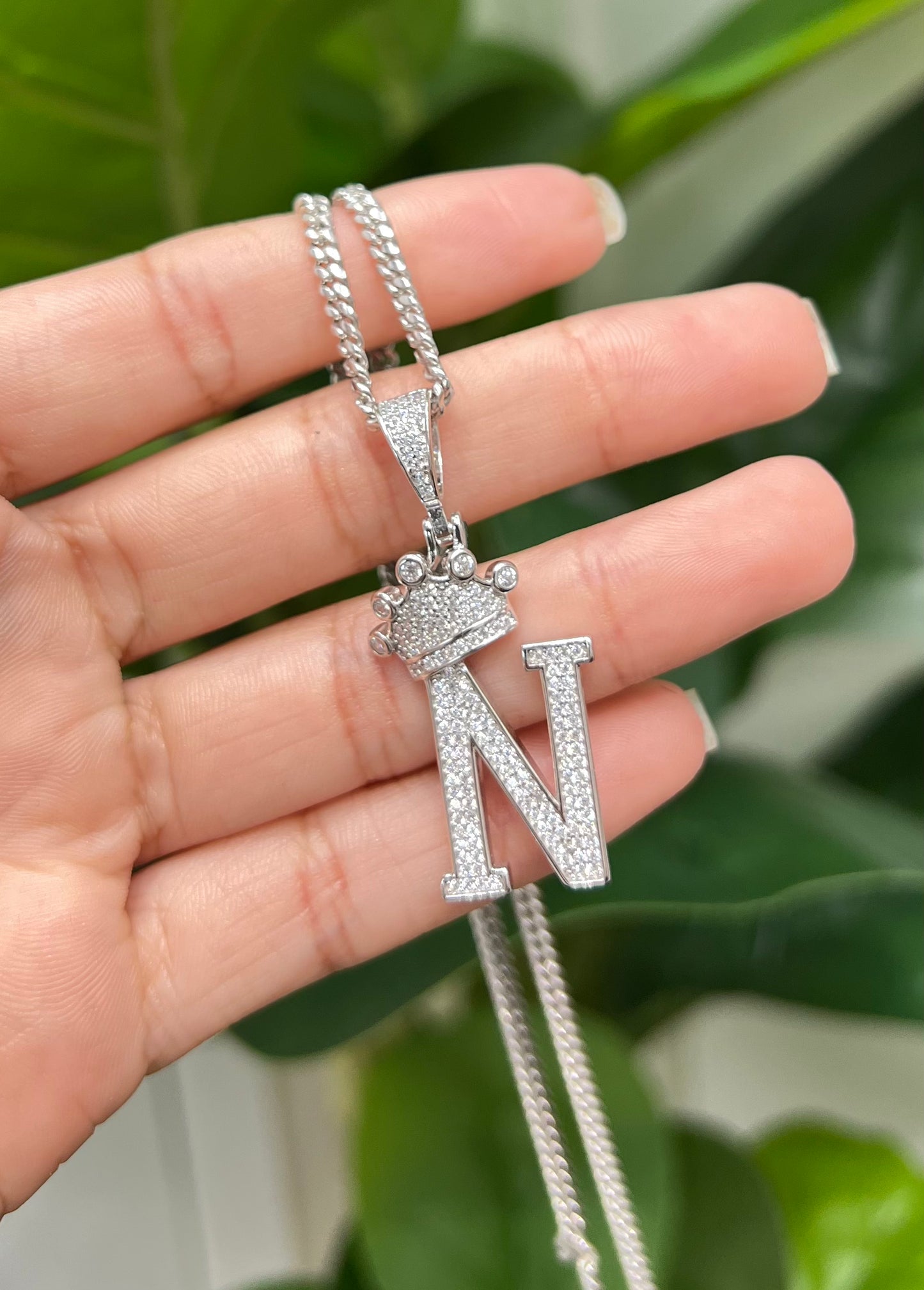 S728- NEW 925 Sterling Silver Crown On Top Letter N Pendant W.G