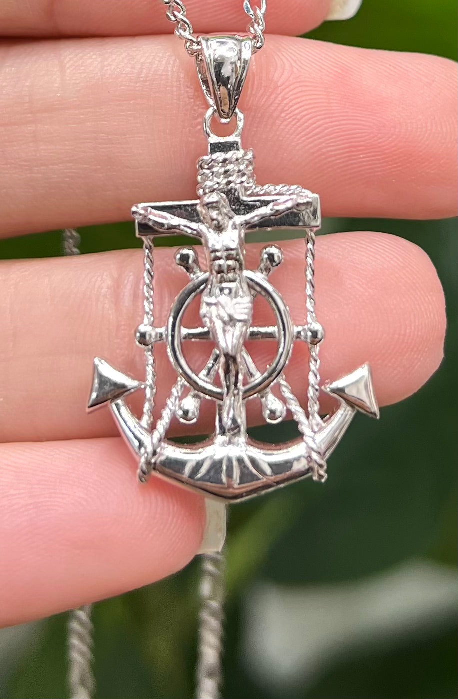 S299- NEW .925 Sterling Silver Anchor & Jesus Crucifix Pendant W.G