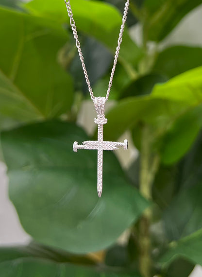 S392- NEW .925 Sterling Silver Nail Cross CZ Pendant W.G