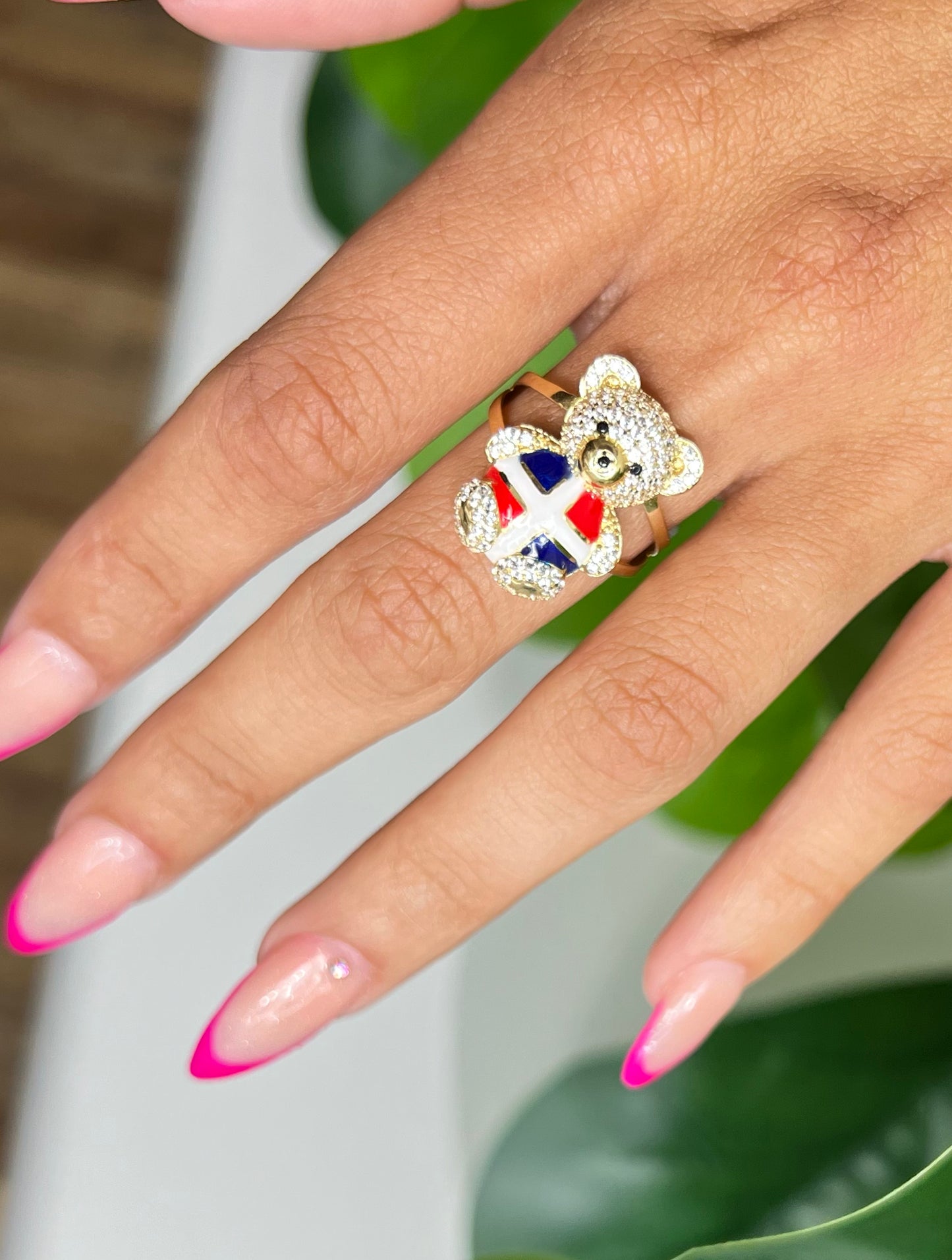 0080- NEW 14K Dominican Flag Teddy Bear Ring W.G