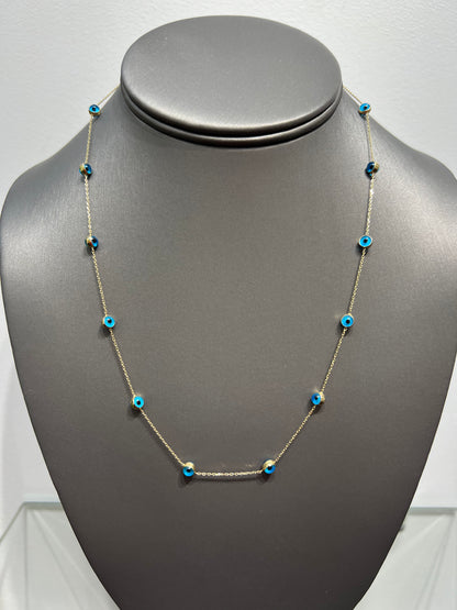 0090- NEW 14K Blue Evil Eye Beads Chain(0.63mm) W.G