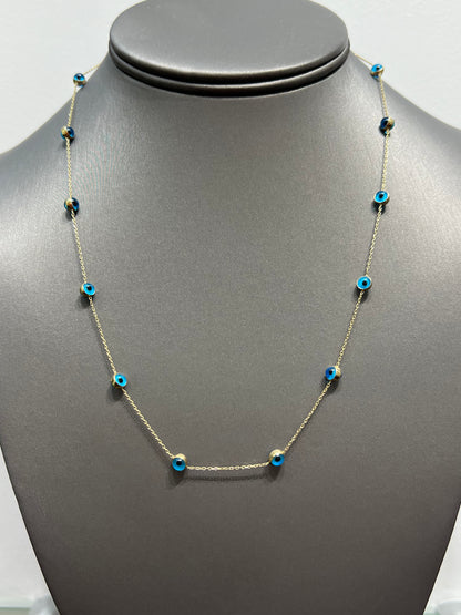0090- NEW 14K Blue Evil Eye Beads Chain(0.63mm) W.G