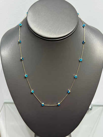 0090- NEW 14K Blue Evil Eye Beads Chain(0.63mm) W.G