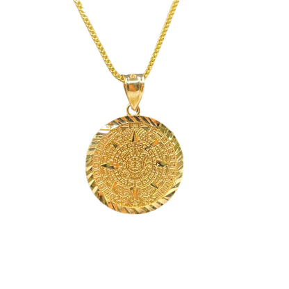 375- 14K Yellow Gold Solid Aztec Mayan Sun Calendar Azteca Pendant