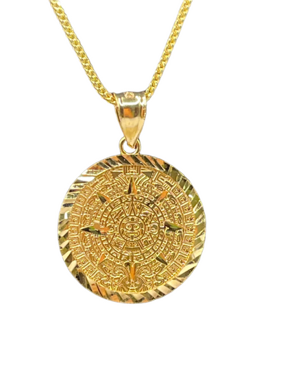 375- 14K Yellow Gold Solid Aztec Mayan Sun Calendar Azteca Pendant