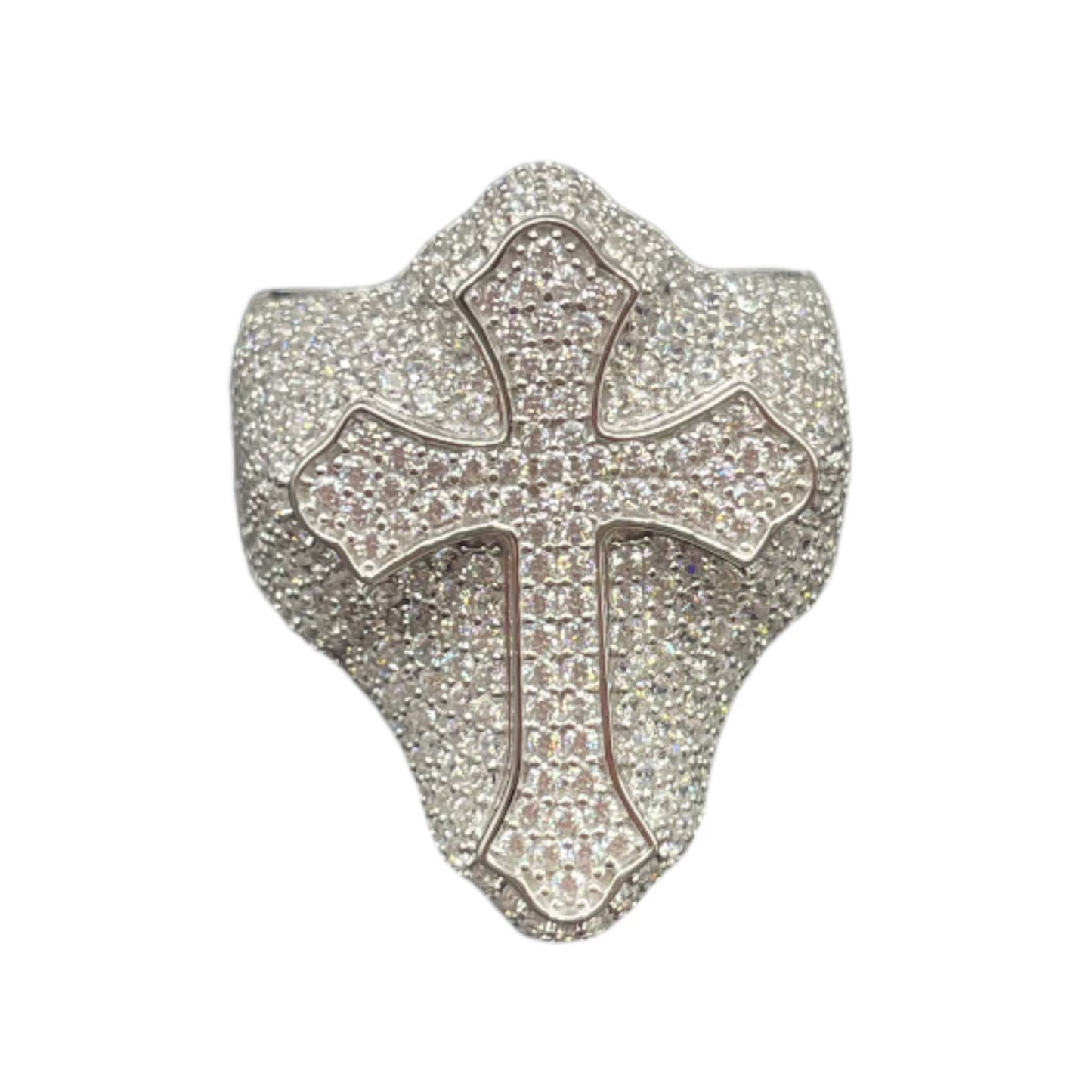 S399- 925 Sterling Silver Cross Clear CZ Studded Top 30mm Ring