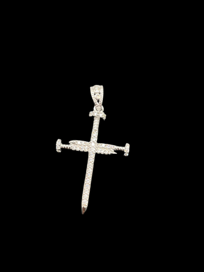 S392- 925 Sterling Silver Nail Cross CZ Pendant