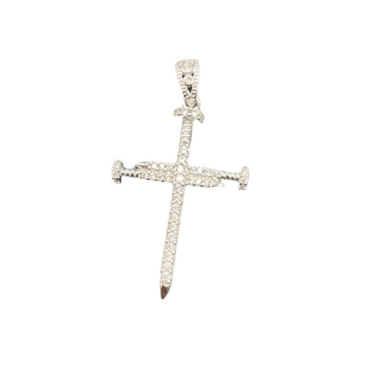 S392- 925 Sterling Silver Nail Cross CZ Pendant