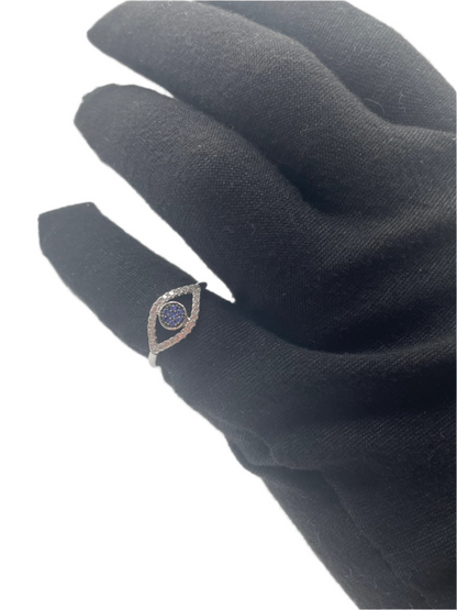 S442- Silver 925 Open Evil Eye Ring with Blue Center Stones Size 6