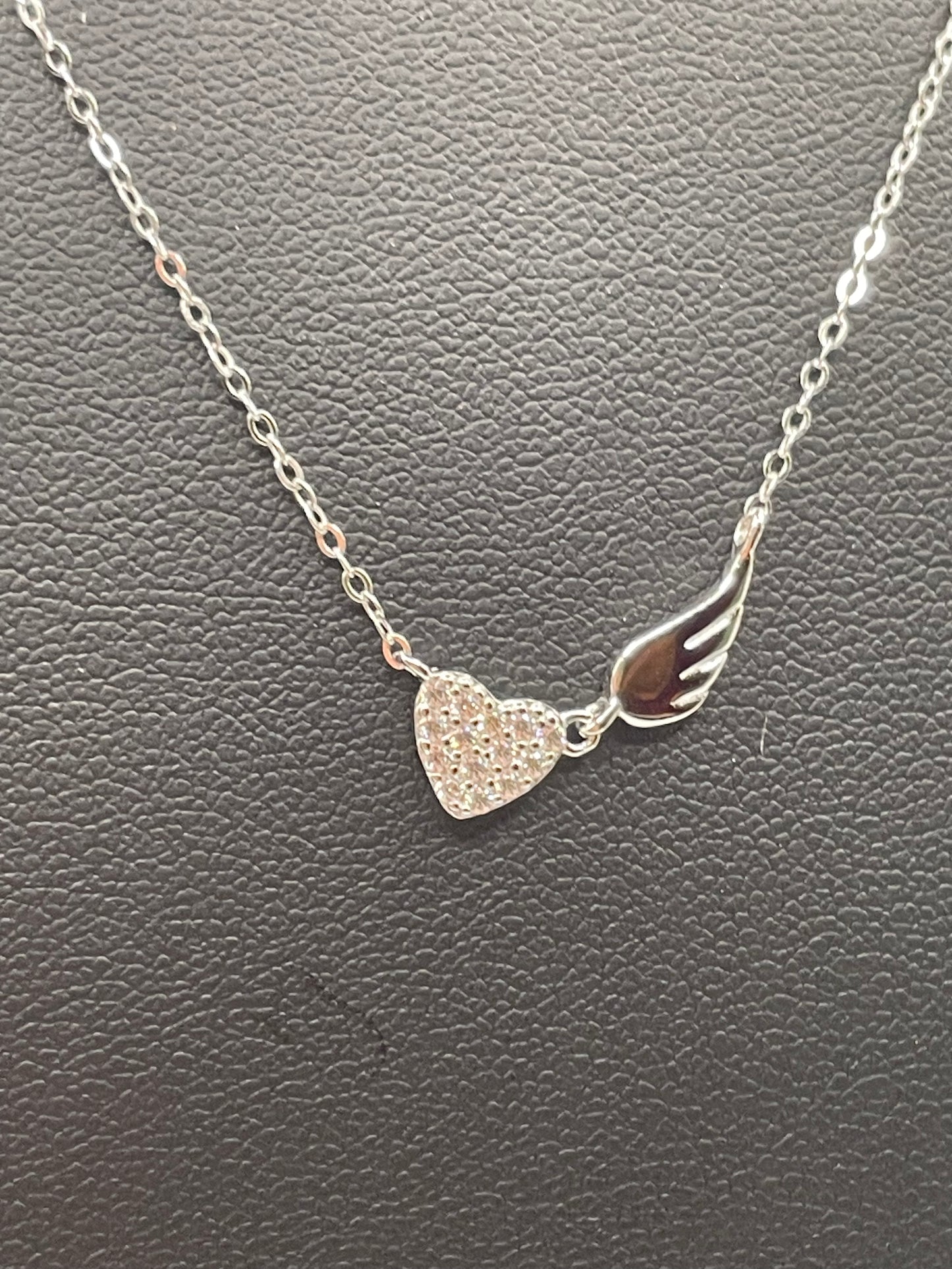 S437- 925 Sterling Silver Wing Heart Clear CZ Adjustable Necklace