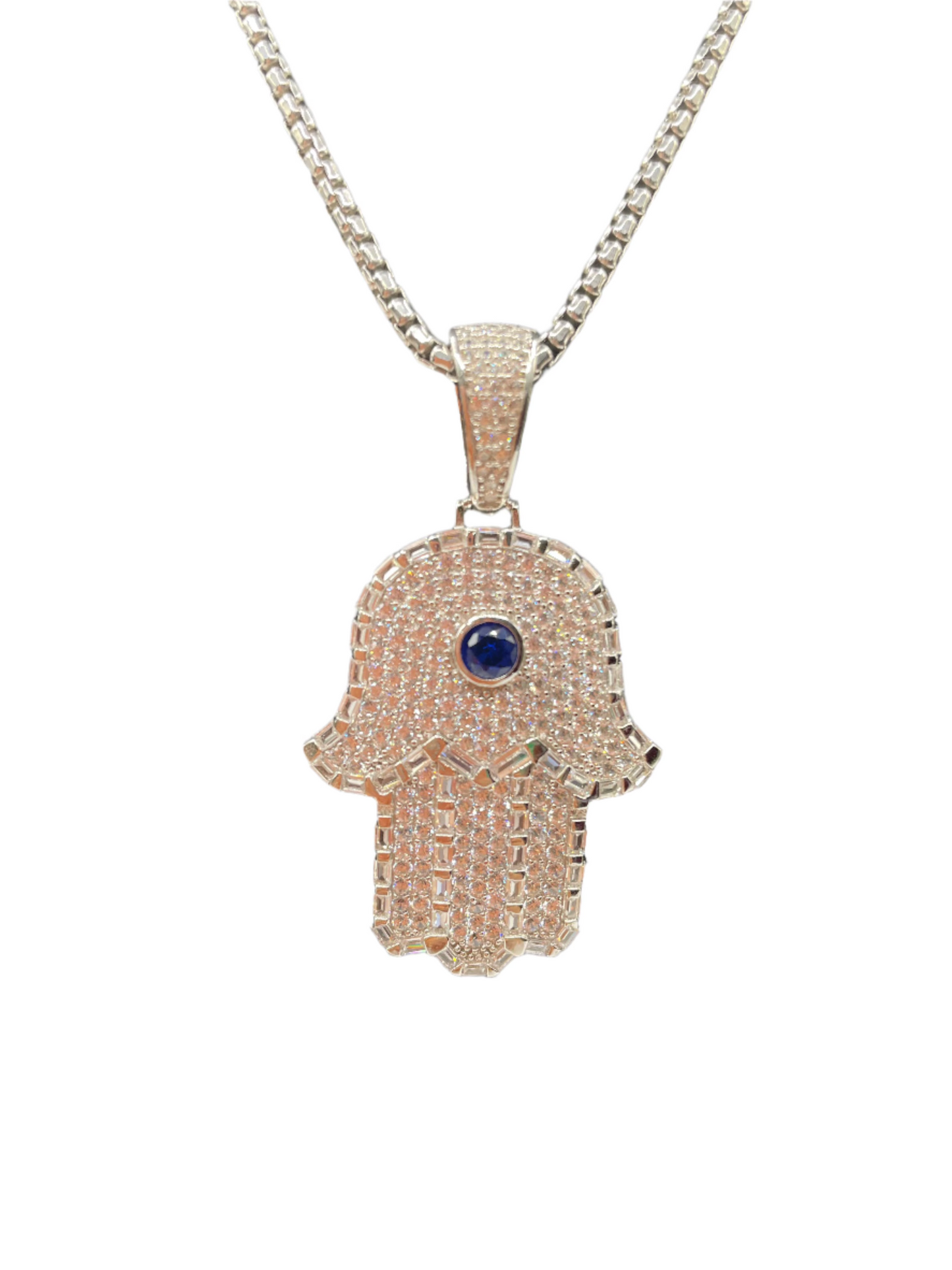 S421- 925 Sterling Silver Blue CZ Center Hamsa Pendant