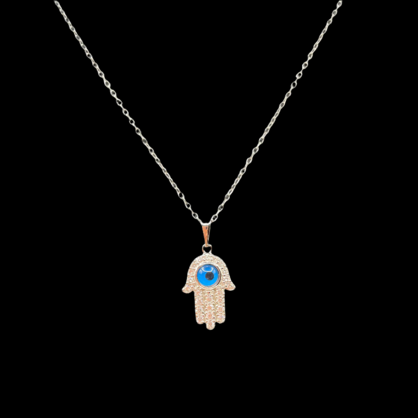 S441 - Silver 925 Hamsa Evil Eye CZ Necklace 18”