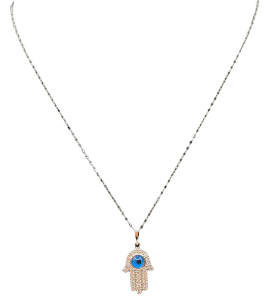 S441 - Silver 925 Hamsa Evil Eye CZ Necklace 18”