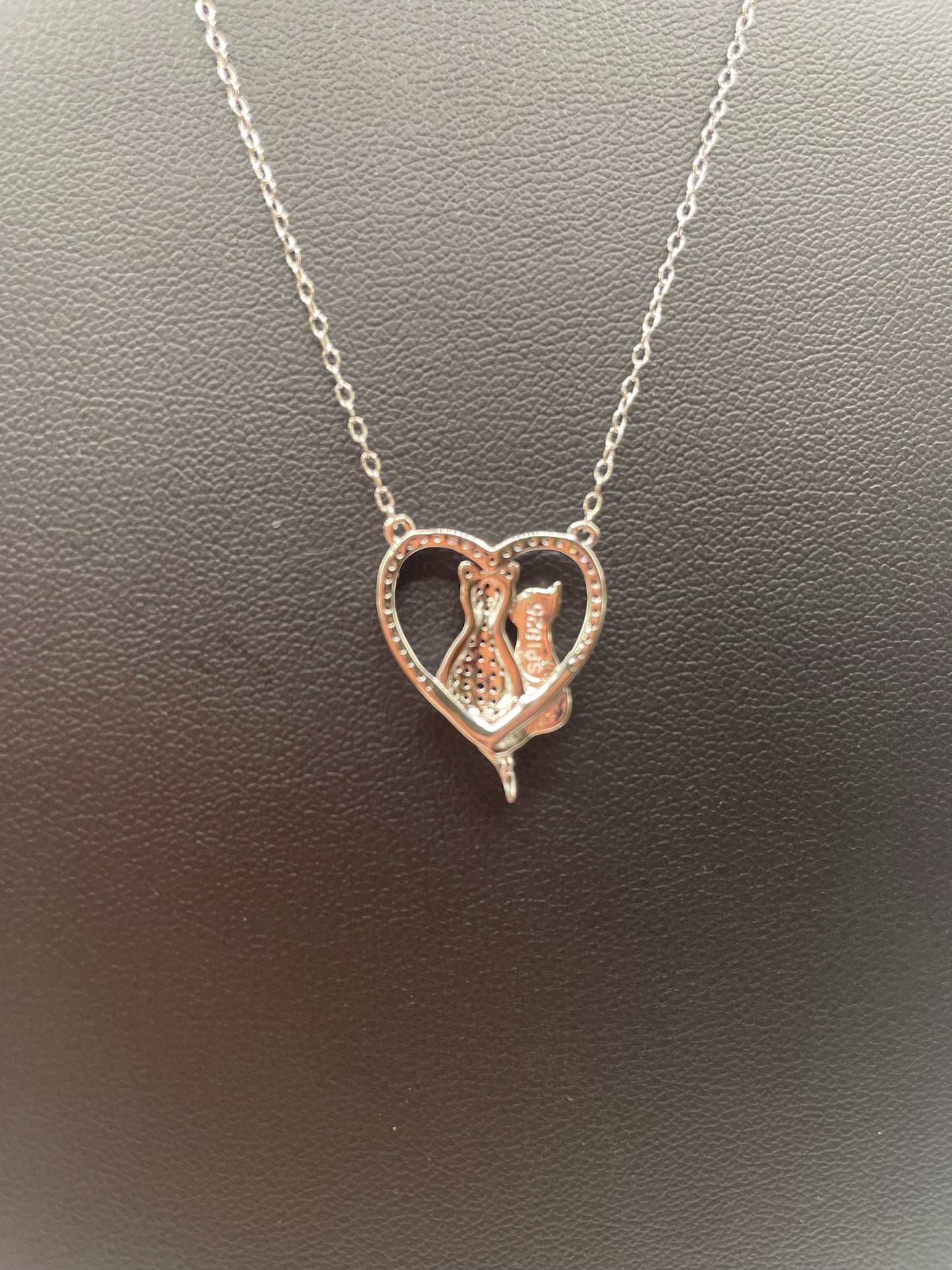 S429- 925 Sterling Silver CZ Open Heart with 2 Cat Necklace