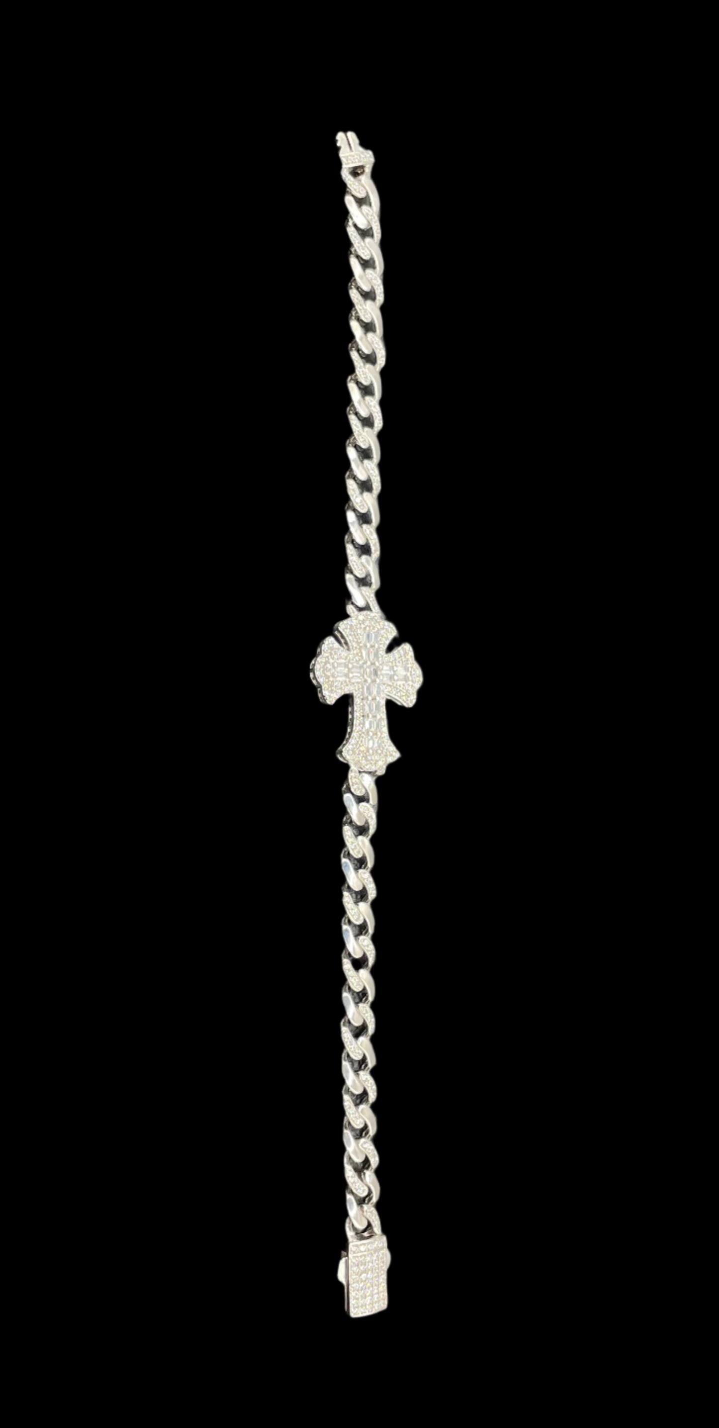 S417- 925 Sterling Silver 6.7mm Fleur De Lis Cross Baguette and Round Clear CZ Studded Bracelet 7”