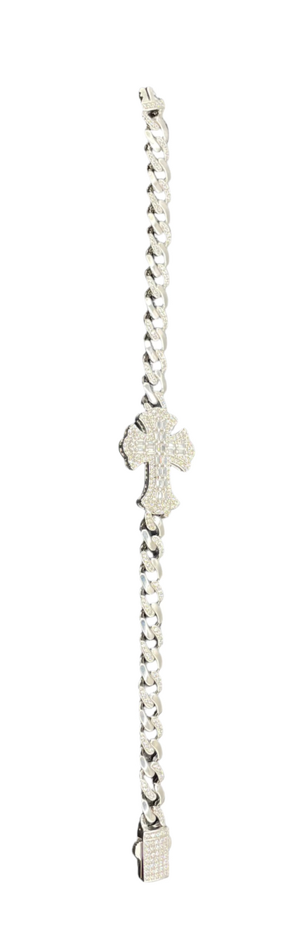 S417- 925 Sterling Silver 6.7mm Fleur De Lis Cross Baguette and Round Clear CZ Studded Bracelet 7”