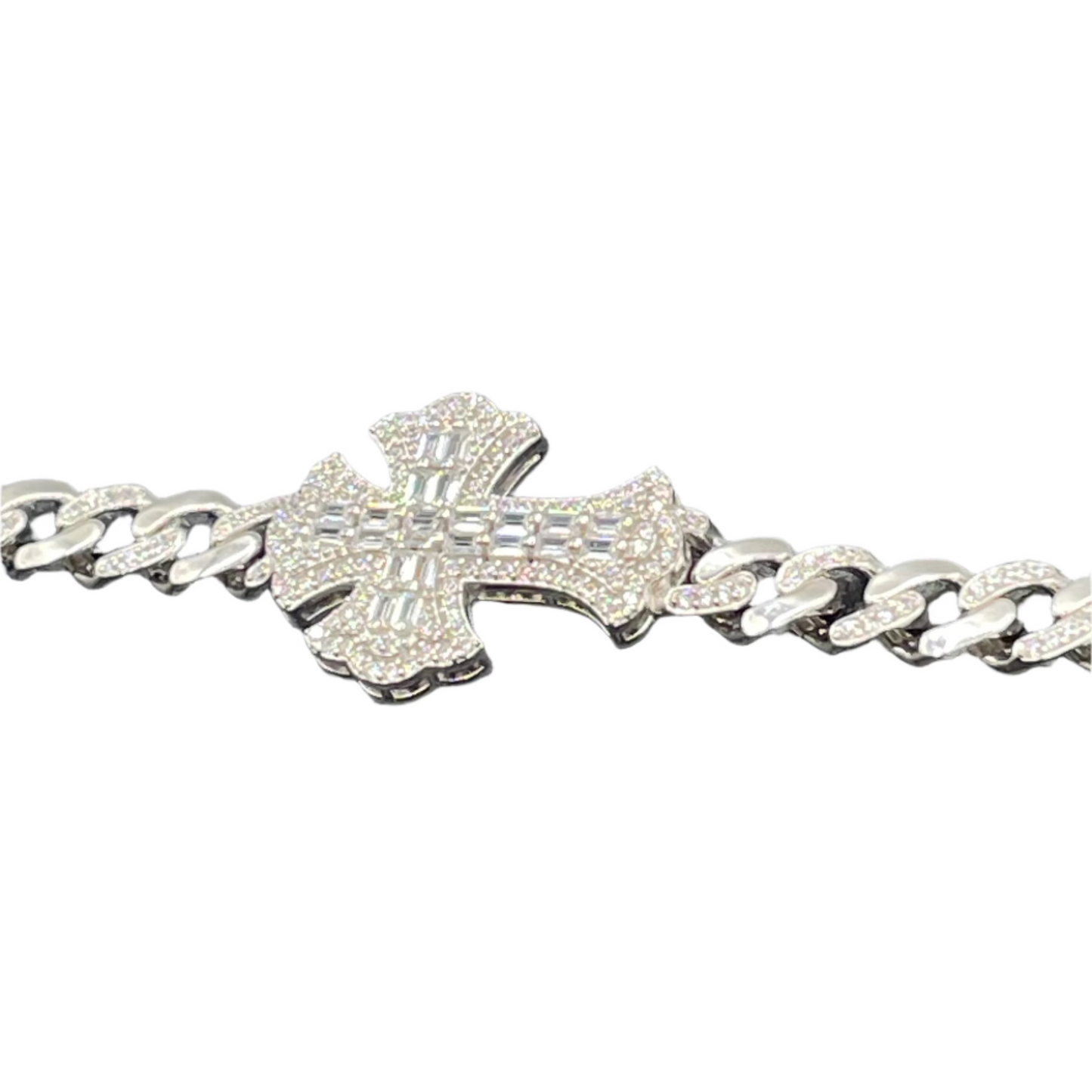 S417- 925 Sterling Silver 6.7mm Fleur De Lis Cross Baguette and Round Clear CZ Studded Bracelet 7”