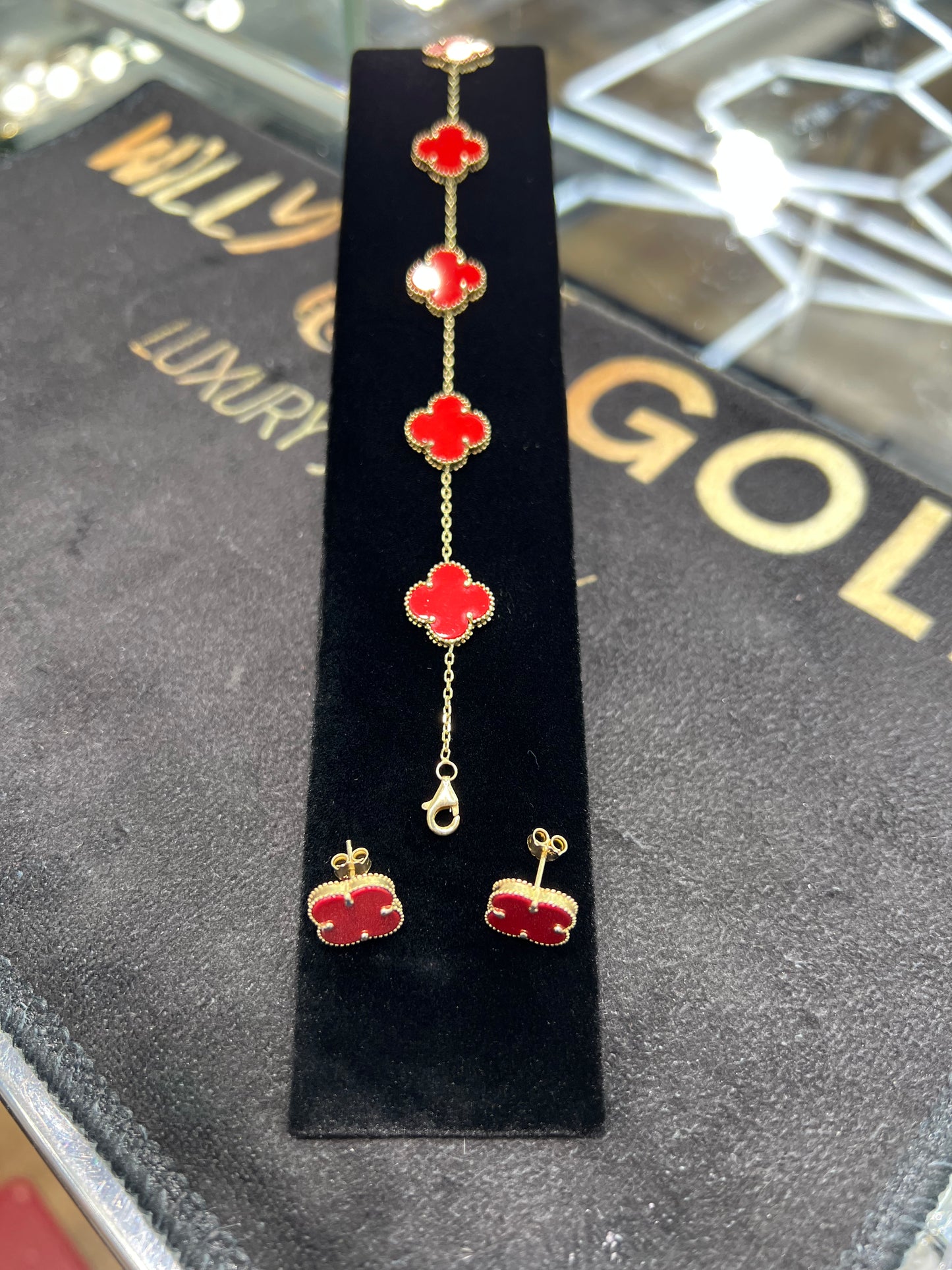 1340- NEW 14K Red Trebol Bracelet 8” (11.7mm) & Red Trebol Earrings SET