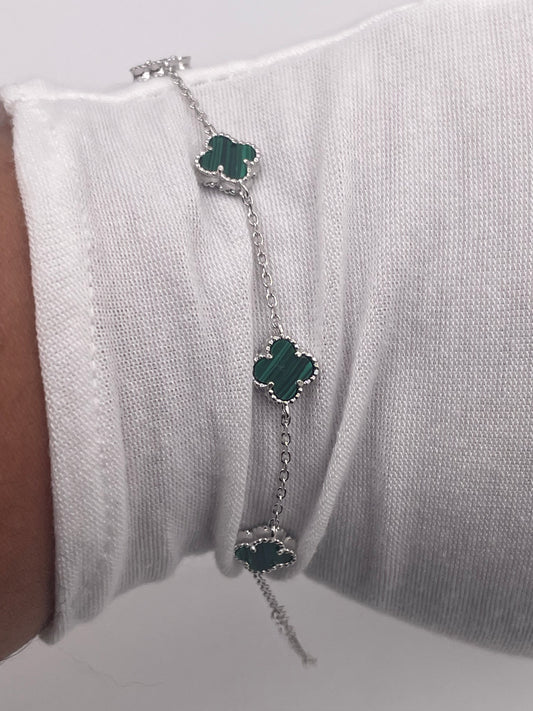 S662- .925 Silver Green clover Bracelet 7”