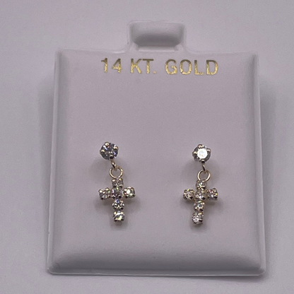 839- 14K Cz Gold Dangling Cross Earrings