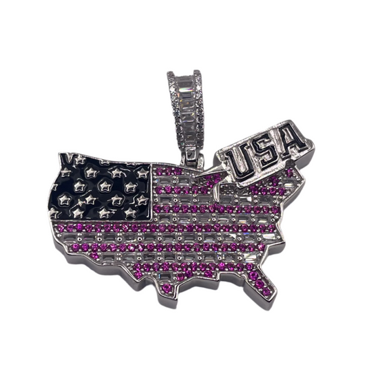 S845- USA Flag Silver Cz Stones Pendant