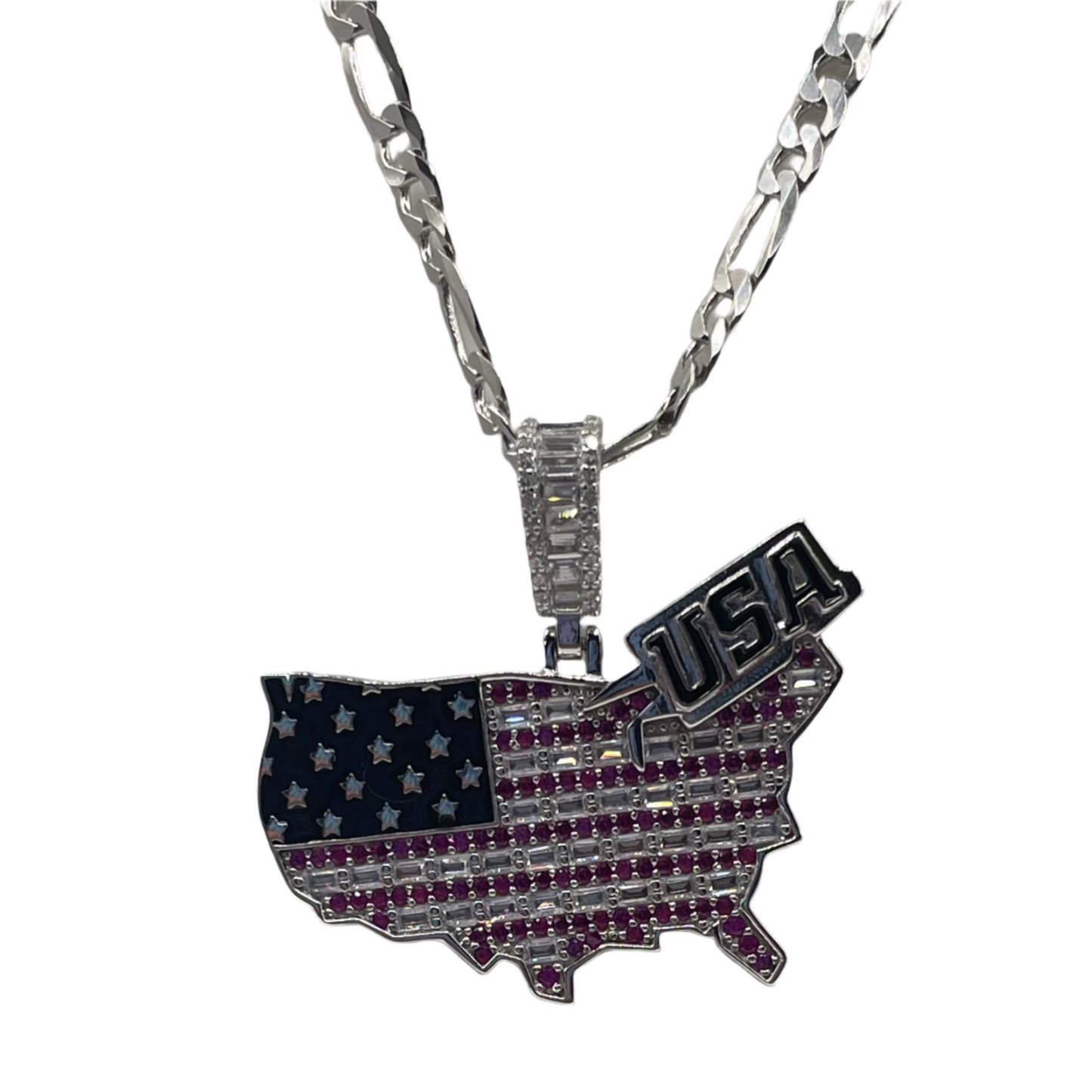 S845- USA Flag Silver Cz Stones Pendant