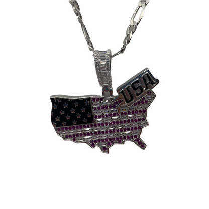 S845- USA Flag Silver Cz Stones Pendant