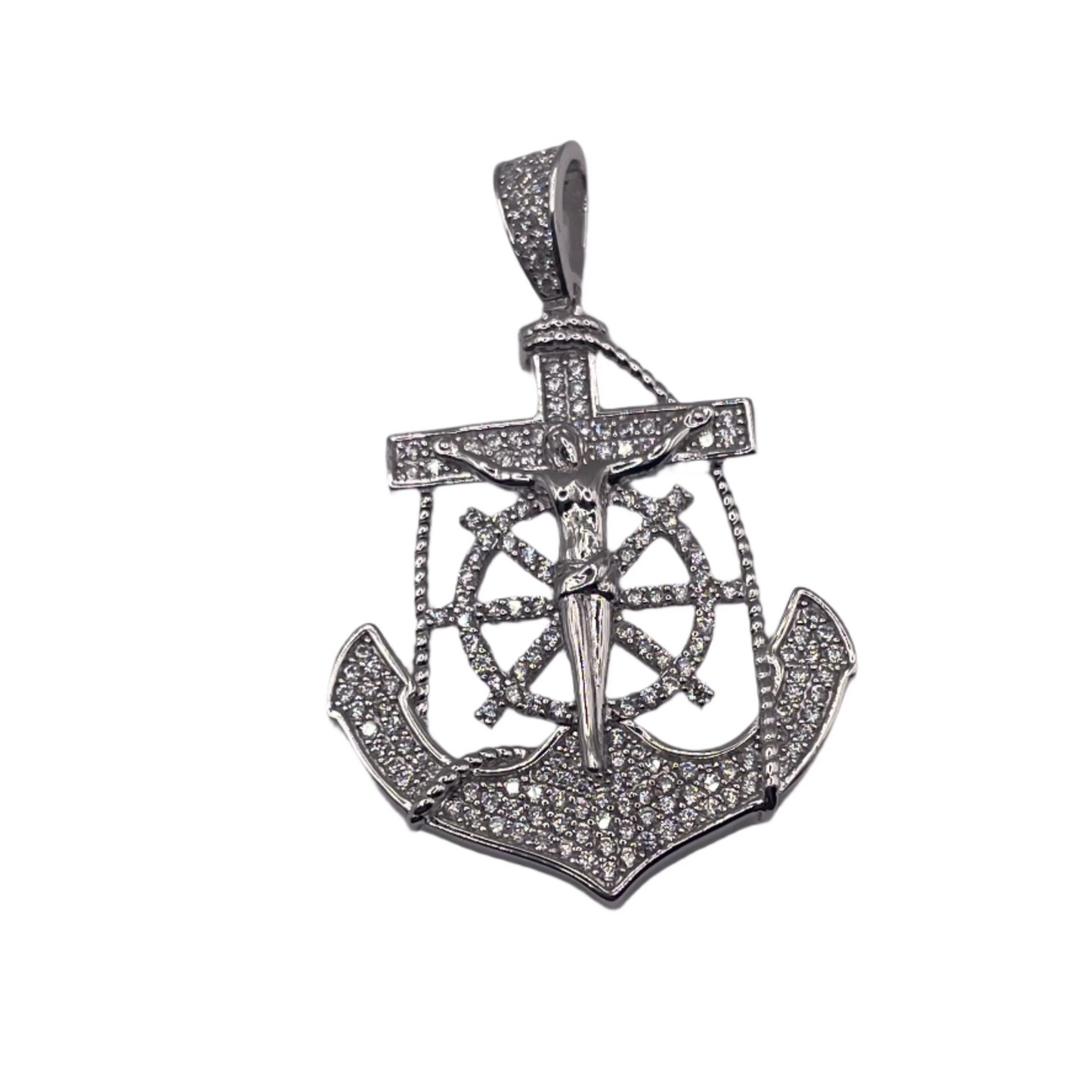 S862- Silver Cz Stone Anchor Pendant