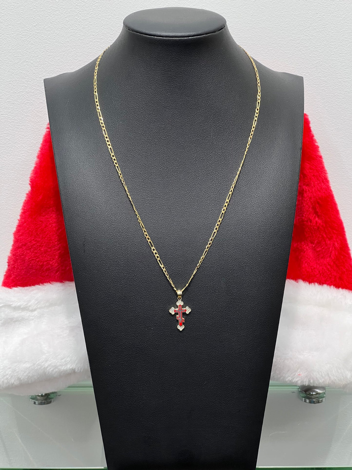 **C6- NEW 14k Figaro Chain Necklace & Red Cross Pendant Set