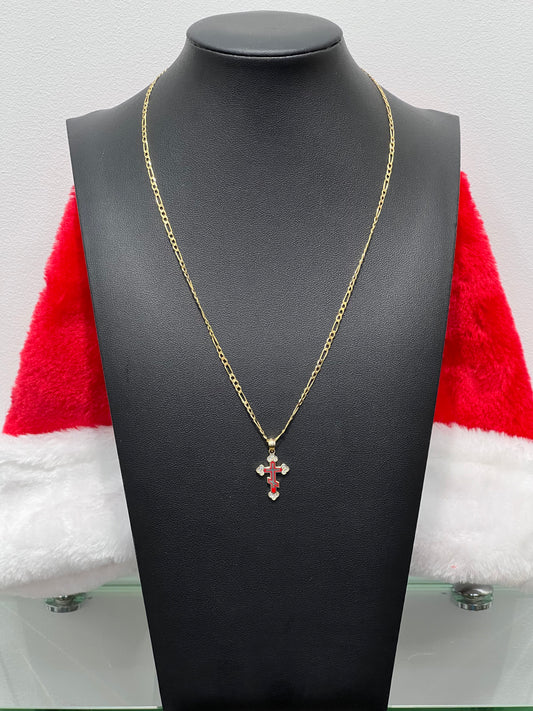 **C6- NEW 14k Figaro Chain Necklace & Red Cross Pendant Set