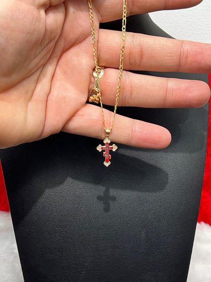 **C6- NEW 14k Figaro Chain Necklace & Red Cross Pendant Set