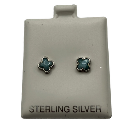 S884- NEW .925 Larimar Flower Stud Earrings (6mm) W.G