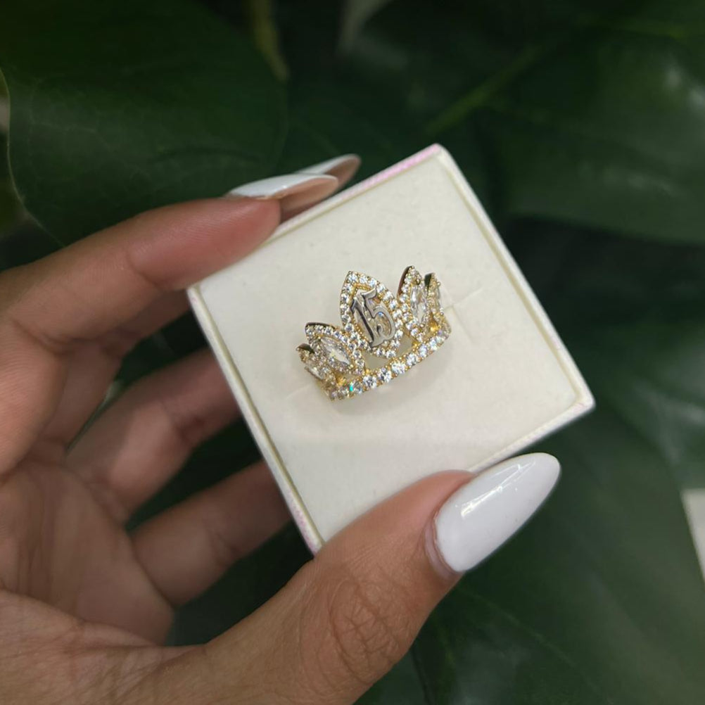 008- NEW 14K Full Cz Quinceañera Crown Ring W.G