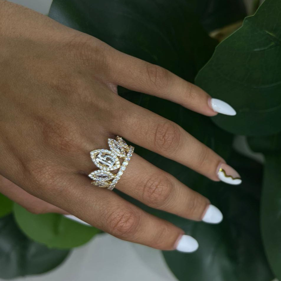 008- NEW 14K Full Cz Quinceañera Crown Ring W.G