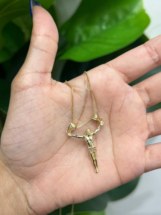 838- NEW 14K Hollow Crucifix Religious Pendant. (34x24mm) W.G