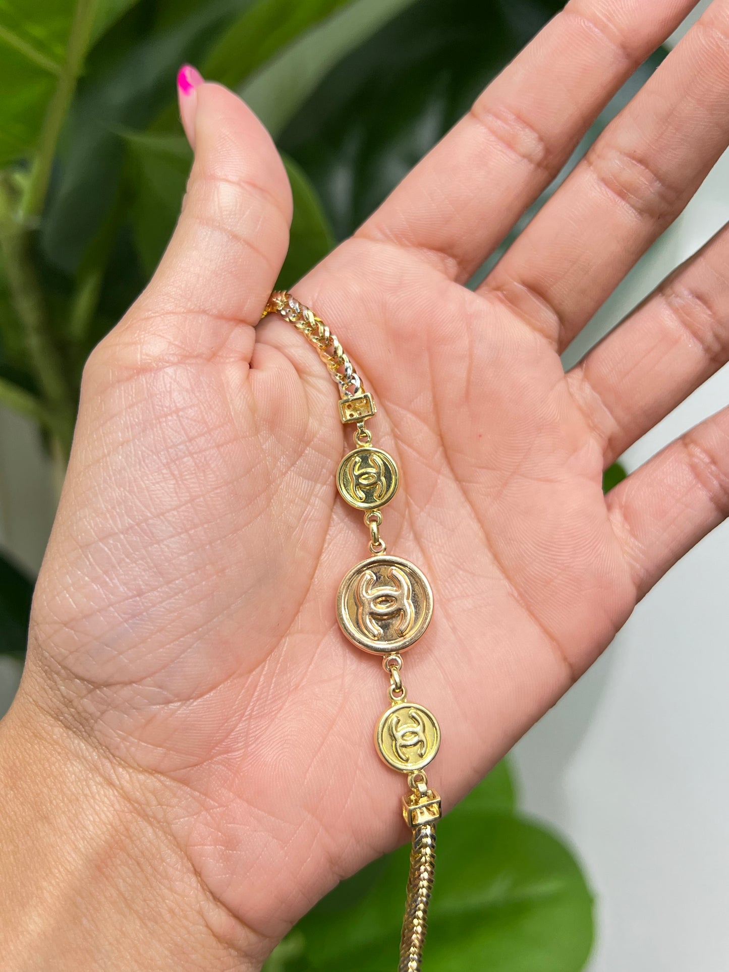 327- NEW 14K Franco Link with Chanel Charm Bracelet W.G