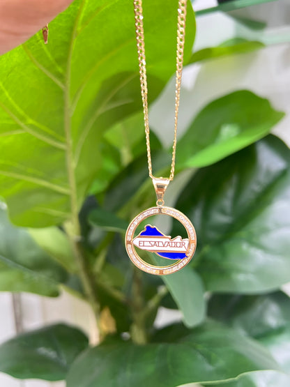 988- 14K El Salvador Flag Round Pendant (W.G)