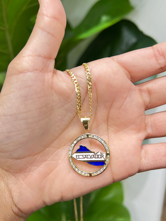 988- 14K El Salvador Flag Round Pendant (W.G)