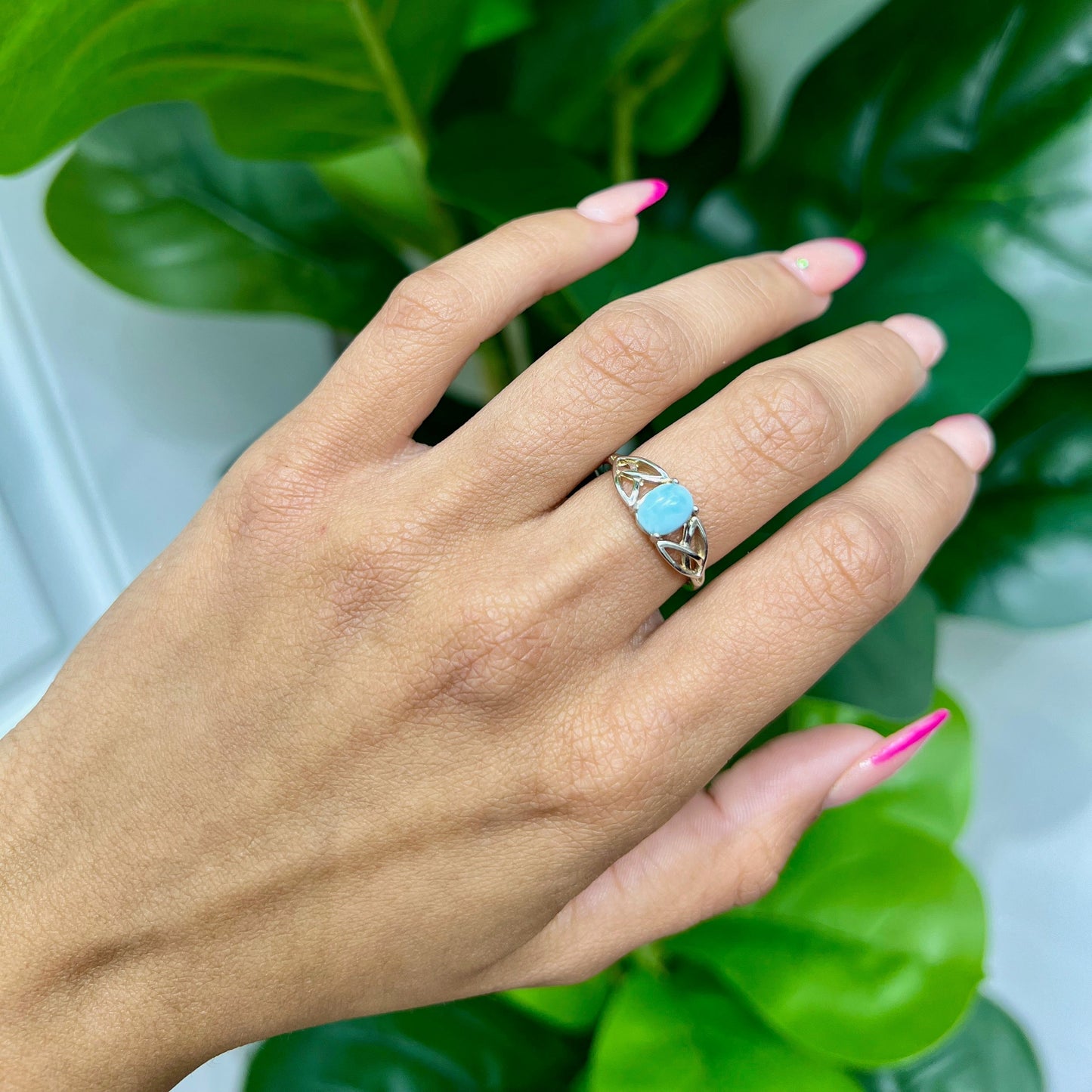 S756- NEW .925 Oval Stone Natural Larimar Ring W.G