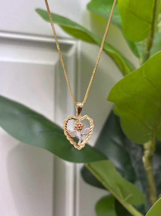 1057- NEW 14K Tri Tone Heart & Rose Pendant W.G