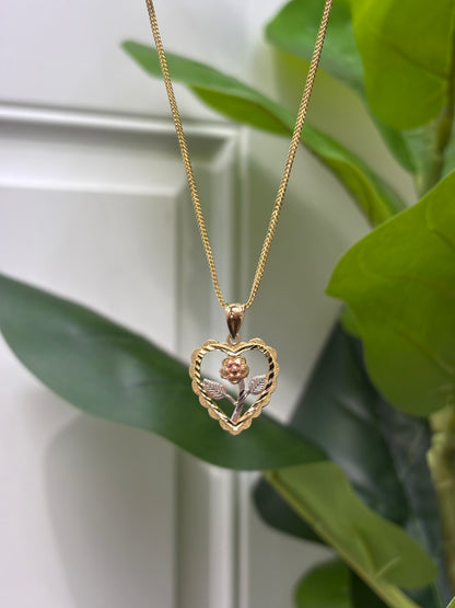 1057- NEW 14K Tri Tone Heart & Rose Pendant W.G