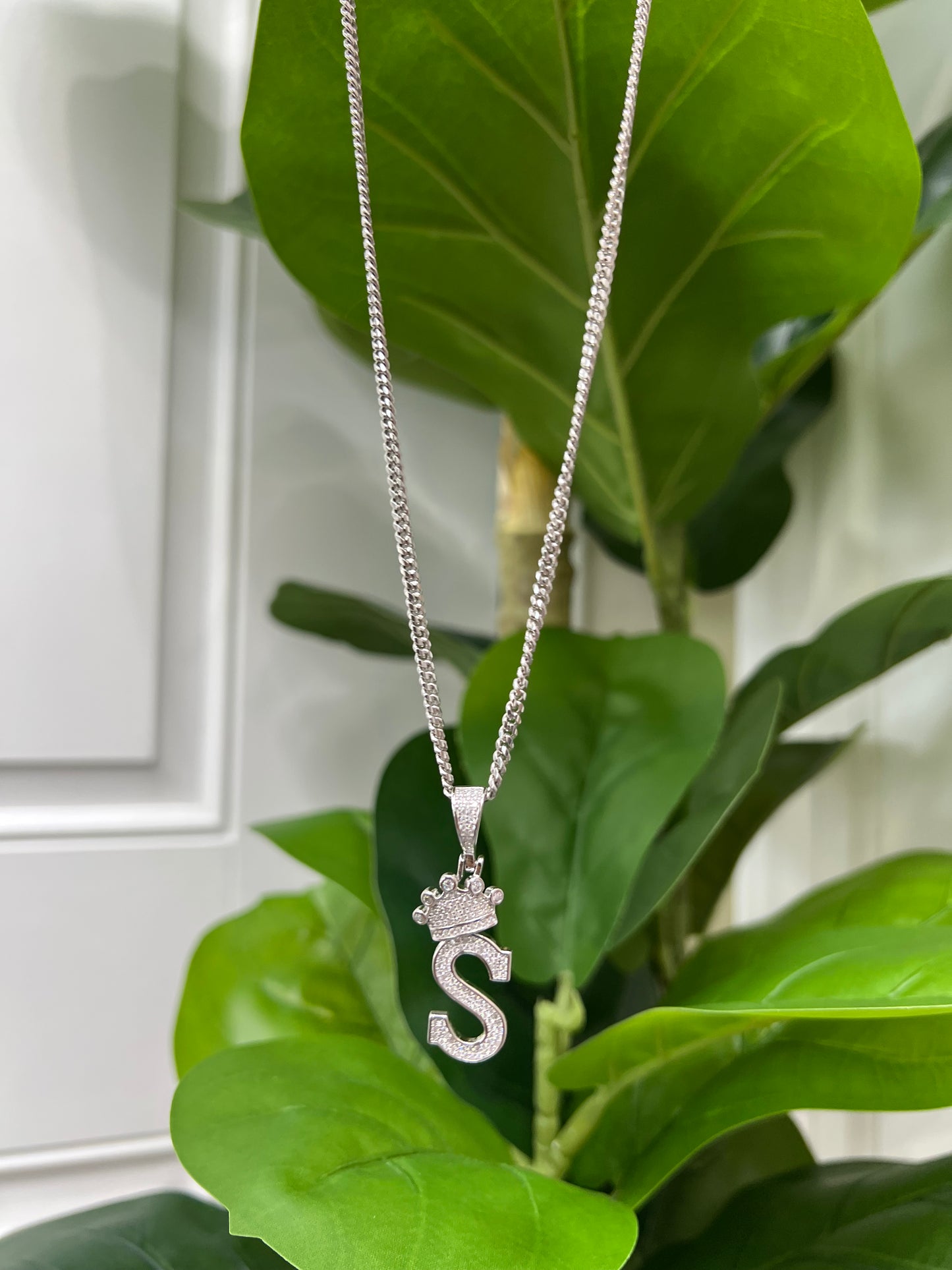 S814- NEW .925 Sterling Silver Letter S Crown Pendant W.G