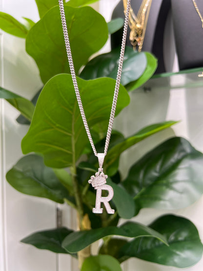 S726- NEW .925 Sterling Silver Letter R Crown Pendant W.G