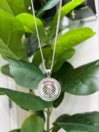 S491- .925 Sterling Silver St. Jude Round Pendant 35mm W.G